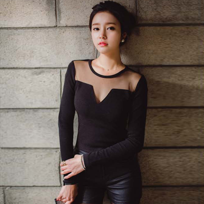 t恤女长袖秋季新款韩版显瘦内搭女性感透肉黑色打底衫女网纱上衣