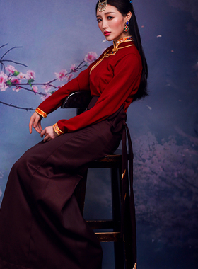 藏族服饰半身裙藏装女锅庄舞裙假藏袍纯色西藏民族风安多藏服女