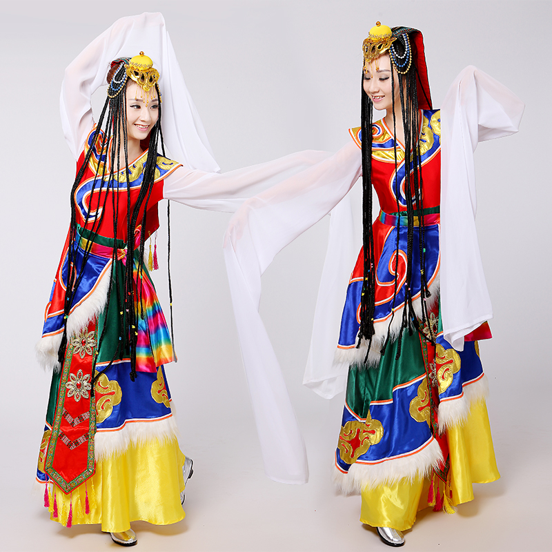 新款民族舞蹈服水袖藏族舞蹈演出服装藏袍西藏舞服水袖表演服饰女