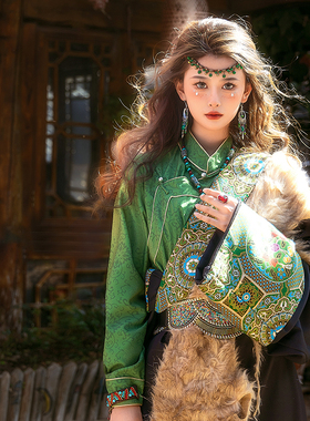 清新绿意 绿色织锦拉萨藏装女 西藏服饰藏袍藏族衣服