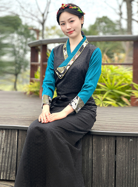 新款藏族服装女康巴藏袍拼色西藏服民族风锅庄裙花边藏式博拉藏服