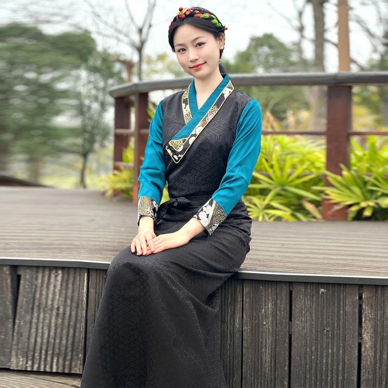 新款藏族服装女康巴藏袍拼色西藏服民族风锅庄裙花边藏式博拉藏服