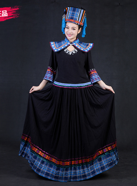 新款晴焱量身定制少数民族瑶族服装黑色长裙舞蹈舞台表演服女装
