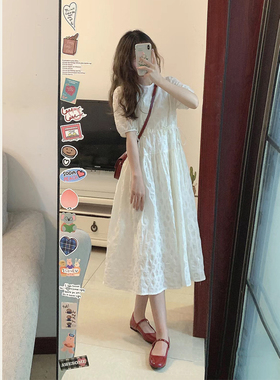 高级感白色连衣裙女夏季2023韩版法式泡泡袖收腰显瘦桔梗裙长裙子