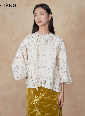 厅唐短外套女新中式国风圆领七分袖盘扣设计缎面高级感禅意外套春