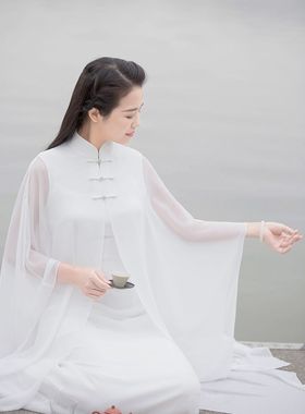 2023新款春夏女装中式中国风立领旗袍披风白色禅意连衣裙茶服禅服