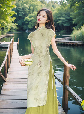 夏季新中式改良竹子印花旗袍女国风汉元素裙子禅意风清冷感连衣裙