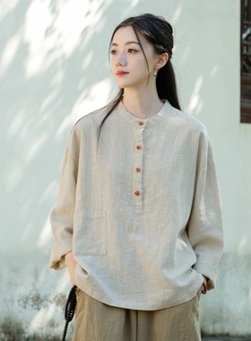 新中式棉麻上衣女2024年春夏新款禅意女装原创国风立领套头衬衫