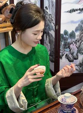 新中式女装上衣唐装中国风禅意设计感绿色宋锦外套2024年新款春装