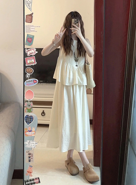 新中式假两件圆领无袖背心连衣裙女夏季法式清冷感禅意a字长裙子