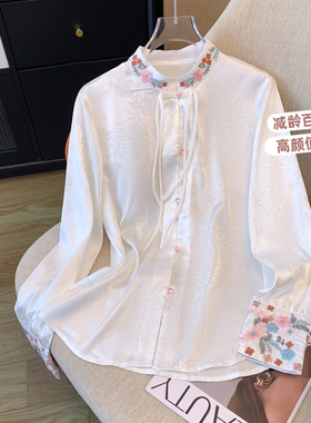 新中式国风白色刺绣复古衬衫女2024春季新款禅意盘扣唐装汉服上衣