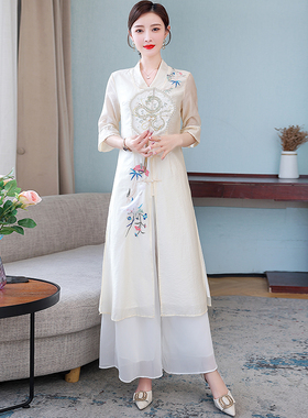唐装女夏中国风复古中式禅意茶服改良旗袍连衣裙两件套茶艺师服装