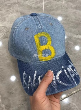 手写涂鸦B字母帽檐牛仔蓝色水洗做旧男女春软顶可调节欧版棒球帽