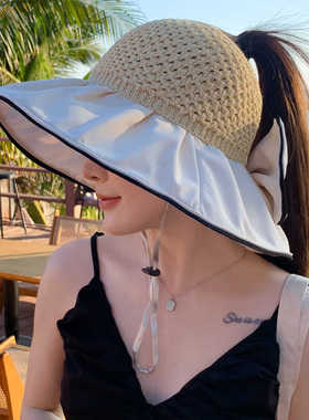 夏季可折叠空顶帽子女沙滩户外防晒帽遮脸防紫外线大檐扎高马尾帽