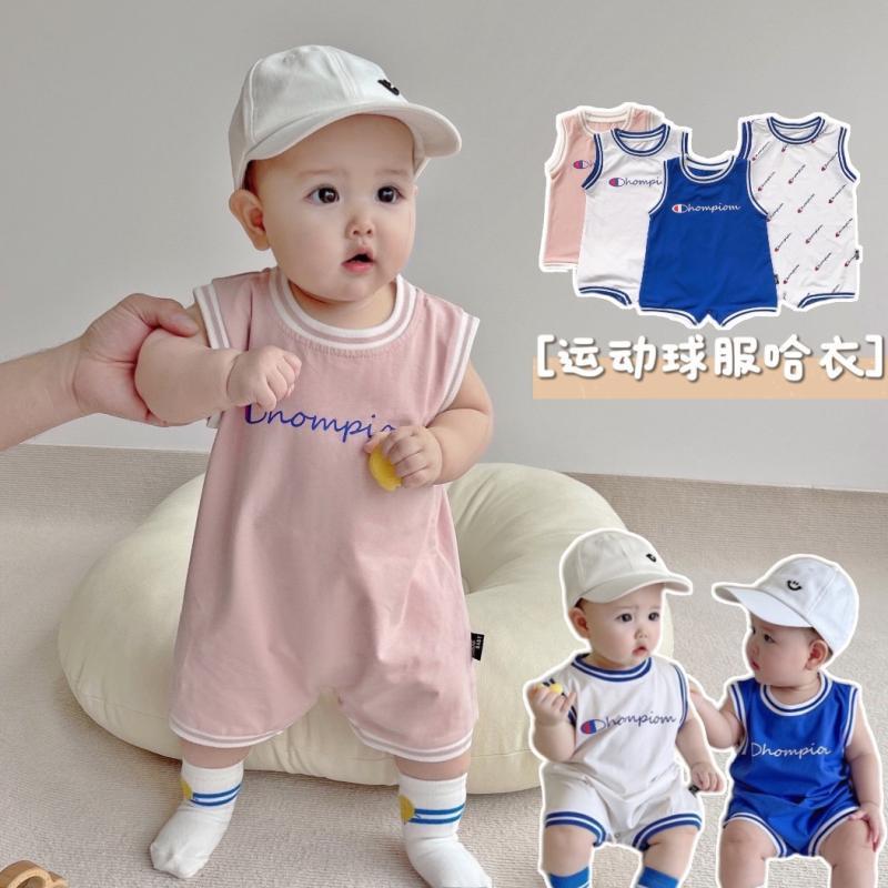 婴儿篮球服夏季无袖上衣0-3男女宝宝包屁衣运动风爬服连体衣哈衣
