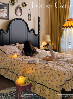 法式复古实木床黑色1.5m双人床现代简约中古风轻奢美式床婚床家具