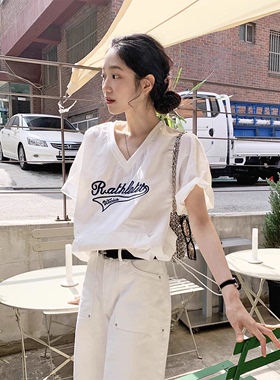 韩国chic夏季美式复古风V领撞色刺绣字母印花宽松休闲短袖外套女