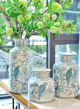 青花瓷花瓶摆件客厅插花中式国风陶瓷美式装饰复古玄关瓷器高级感