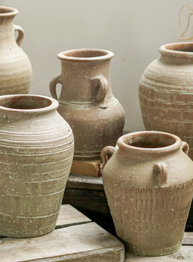 复古土陶花瓶做旧双耳陶瓷土罐手工制作粗陶花器摆件客厅家居饰品