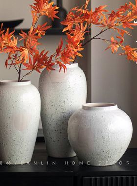 粗陶白色复古花瓶客厅插干花瓷瓶中式侘寂风装饰花器禅意陶瓷摆件
