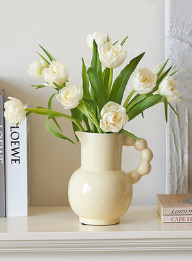 法式白色陶瓷花瓶摆件客厅插花轻奢高级感复古提手奶壶家居装饰品