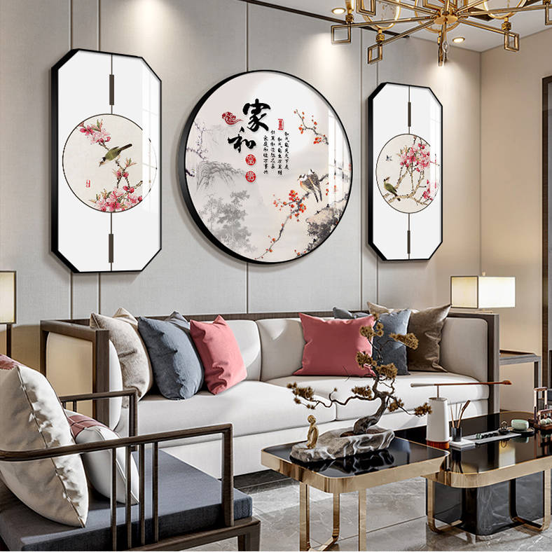 新中式客厅现代装饰画圆形组合沙发背景墙画晶瓷山水风景挂画家和