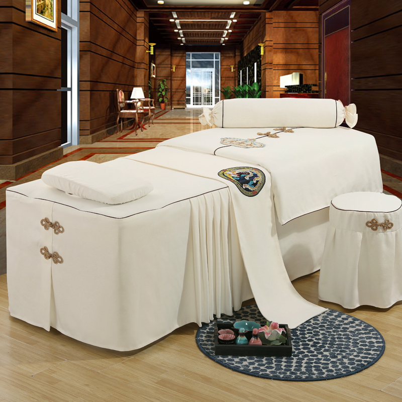 米白色美容床罩四件套床套纯棉高档轻奢美容院专用按摩床单中式风