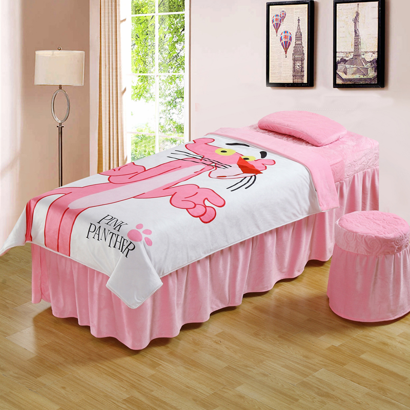 ins粉红豹美容床罩四件套水晶绒美容院专用按摩小儿推拿床套定做