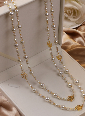 韩国气质高级感长款珍珠项链女时尚小香风多层镂空玫瑰花毛衣链潮