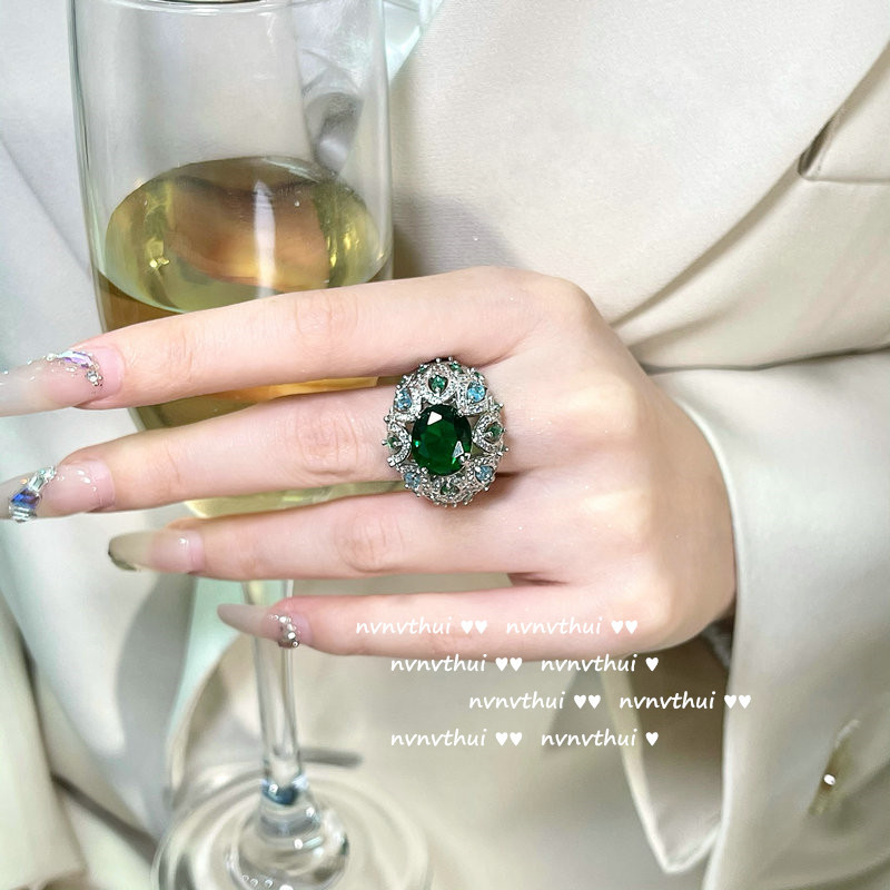 意大利珠宝设计师彩色宝石复古巴洛克祖母绿锆石宴会气质开口戒指