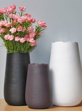 现代简约陶瓷白色花瓶手工拉丝客厅插花北欧仿真花干花器大号摆件