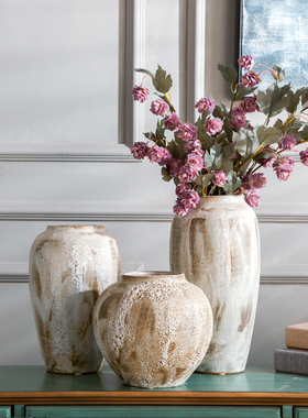 现代简约干花陶瓷插花花瓶新中式摆件复古怀旧白色手工粗陶罐瓷器