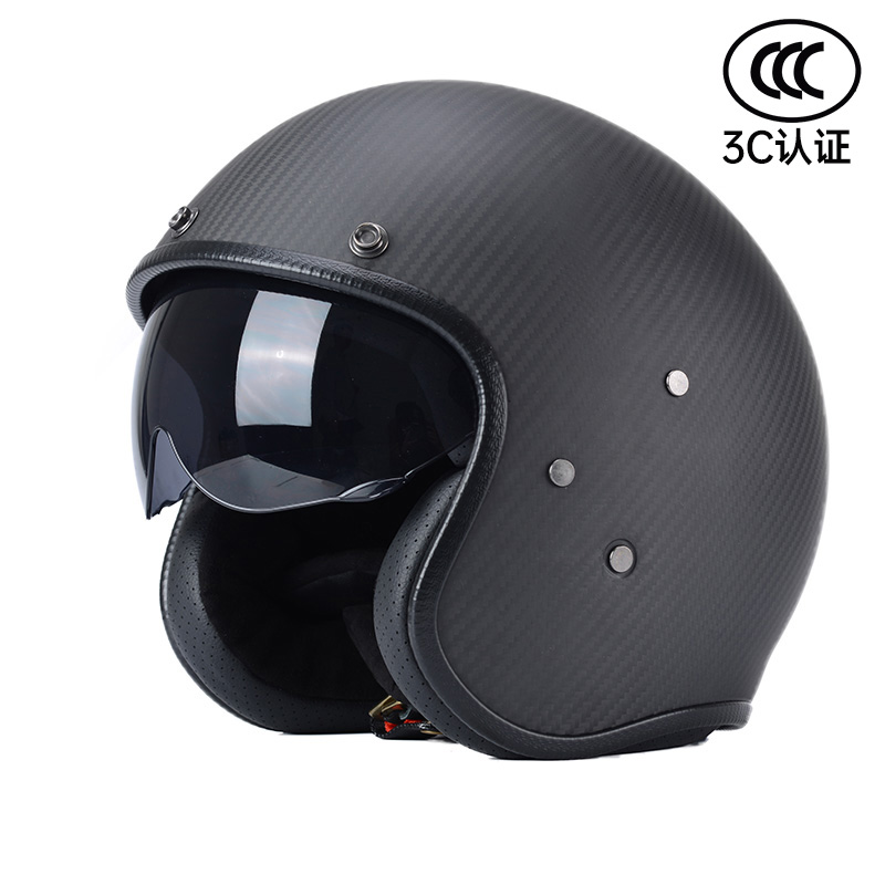 碳纤维复古摩托车头盔男女春夏复古机车半盔3C认证安全帽四季通用