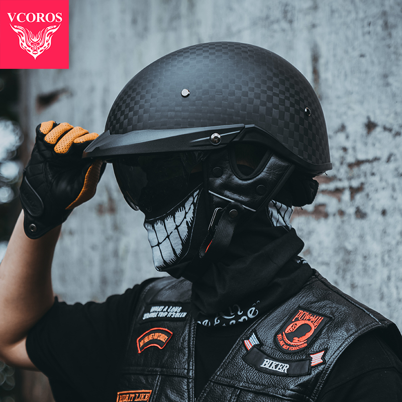VCOROS碳纤维头盔复古哈雷半盔电动摩托车夏季男女轻便瓢盔3C认证