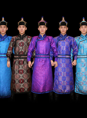 新品蒙古袍男缎面长款蒙古族服装民族风蒙族演出舞蹈日常生活服装