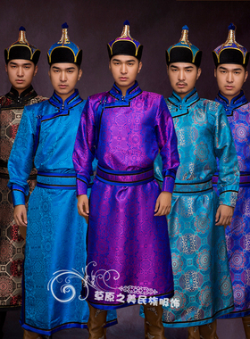 蒙古袍男长款缎面蒙古族服装少数民族服饰演出舞蹈日常生活服新品