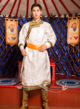 蒙古服装男士新款民族服饰长款白色蒙古袍蒙族演出服舞蹈服热卖