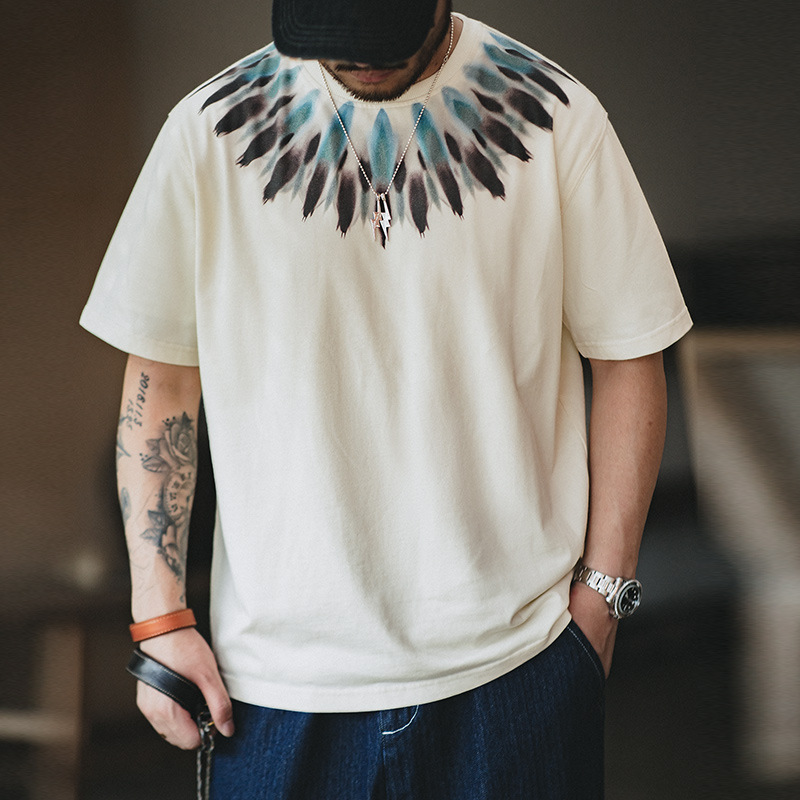 马登工装 复古美式重磅印第安羽毛印花短袖做旧宽松民族风T恤男夏