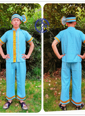精品傣族男装 棉麻料泰国傣男士短袖上衣套装 民族风夏生活装蓝色