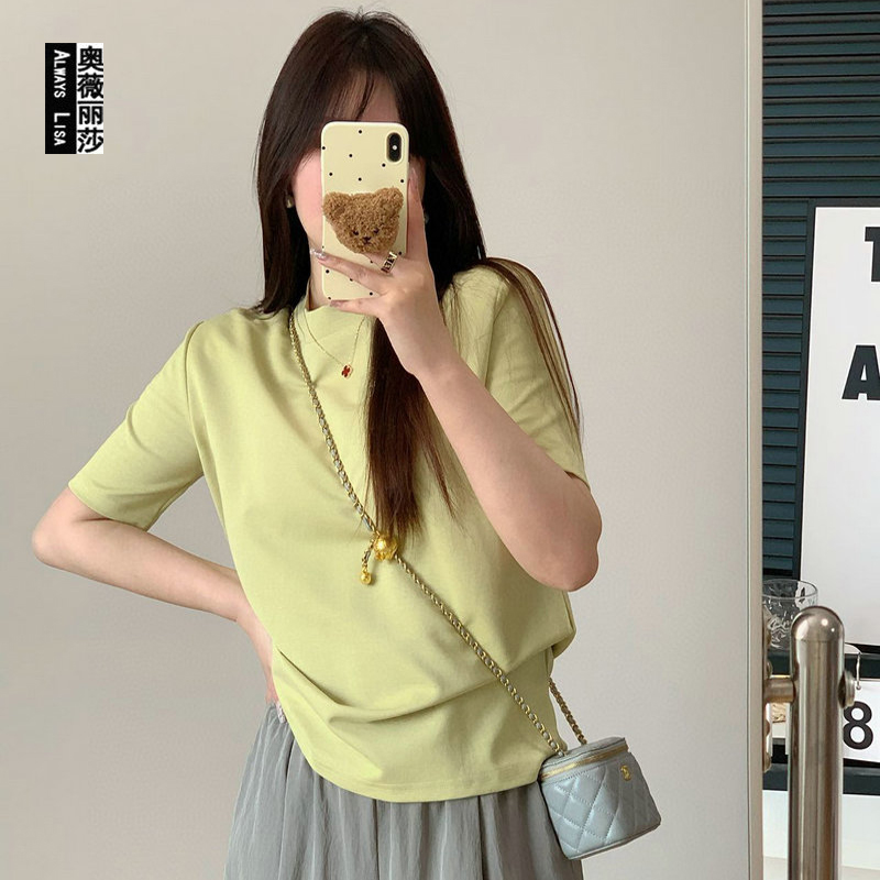 QM女装标准版型高端液态棉圆领夏季短袖T恤衫韩版气质款纯色上衣