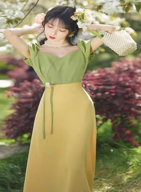 茶歇法式绿色绝美连衣裙气质甜美小清新夏季海边度假超仙女长裙子