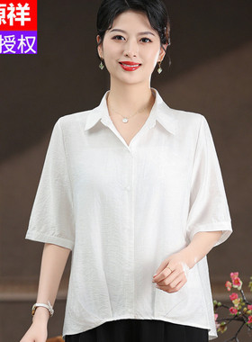 中年妈妈高级感盱眙县短袖棉麻T恤女士衬衫设计感夏季新款上衣