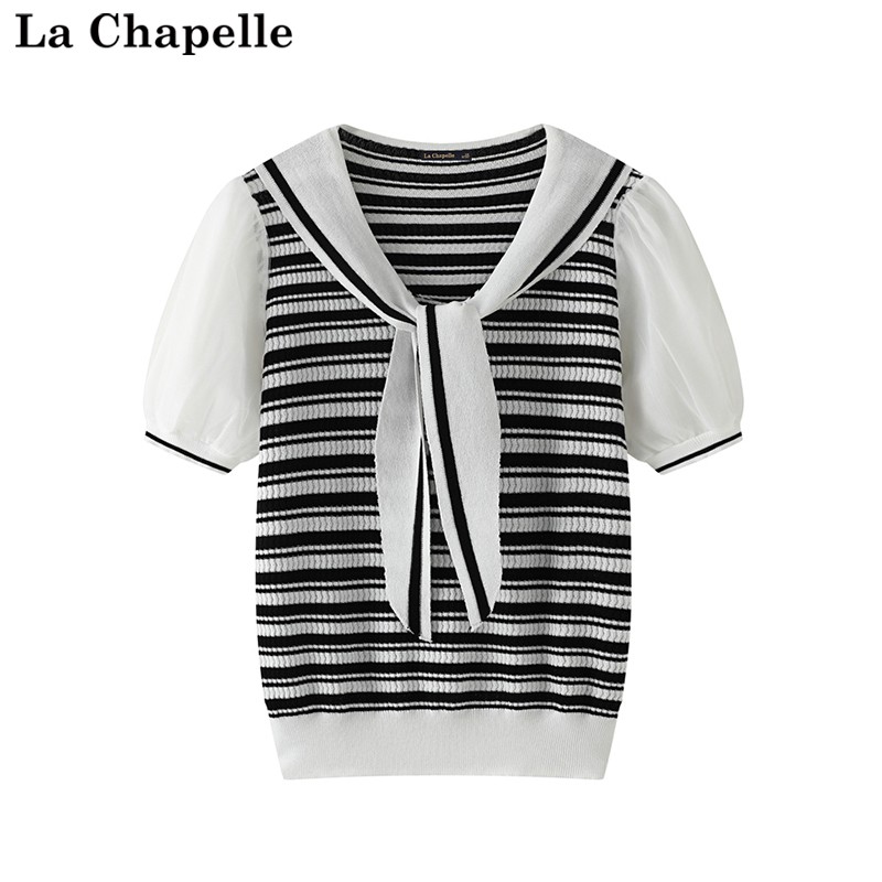 拉夏贝尔/La Chapelle学院风海军领条纹短袖T恤女夏拼接减龄上衣