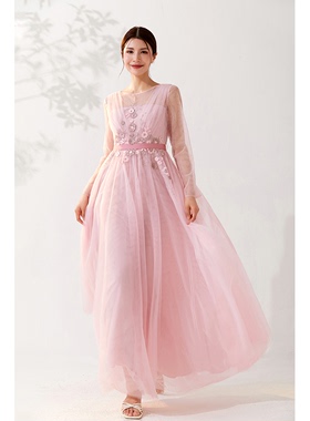 美妃长袖法式粉色洋气减龄气质网纱漂亮连衣裙女夏2023秋季新款