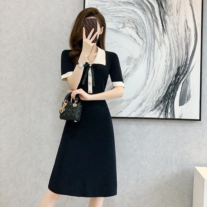 小香风冰丝针织连衣裙2024年夏季新款韩版女装中长款短袖A字裙子