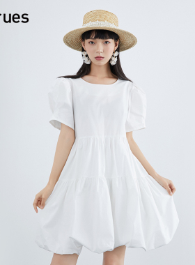 gcrues短袖白色连衣裙女夏季新款短款A字裙纯色韩版娃娃裙荷叶边