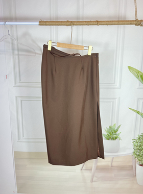 女士外贸VC咖色高腰系带镂空设计下角开叉气质显瘦包臀中长半身裙