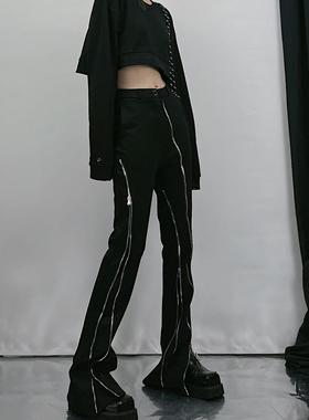 黑色休闲拉链裤子女小众设计感裤子高级显瘦高腰垂感微喇马蹄裤潮