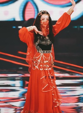 迪丽热巴同款新疆舞蹈演出红色女少数民族舞开场舞大摆裙维族服装
