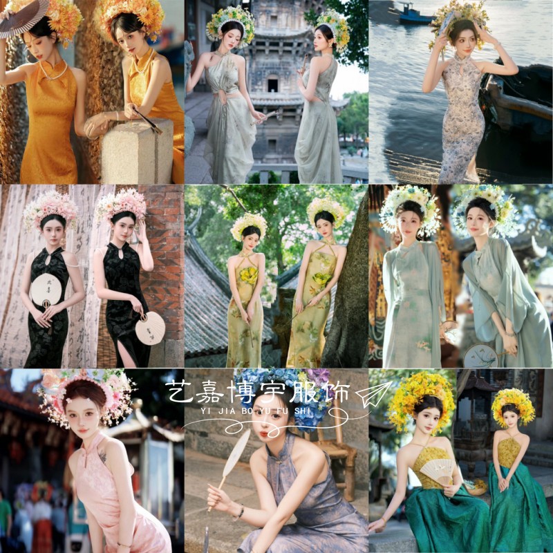 影楼新中式簪花主题写真旗袍女民国风复古旅拍礼服个人艺术照服装